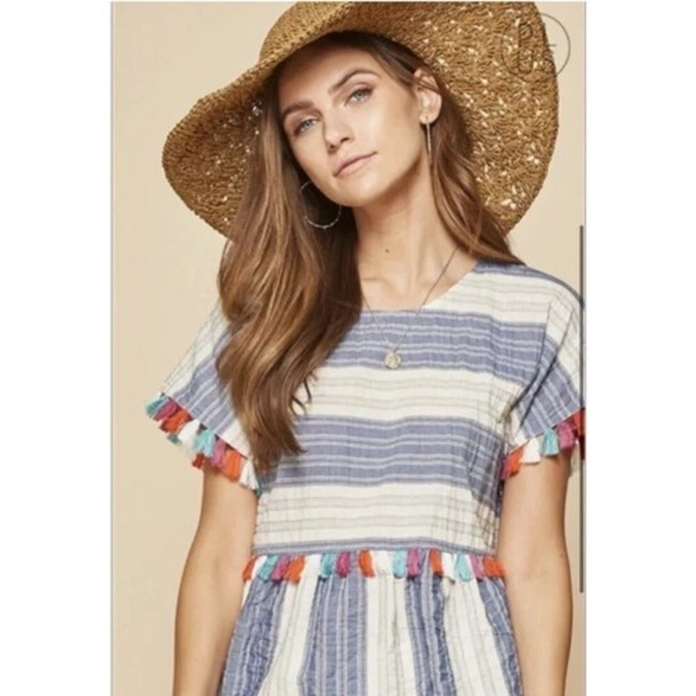 ANDREE BY UNIT L BABYDOLL TOP STRIPE COTTON COLOR BLOCK BOHO POM POM TASSEL